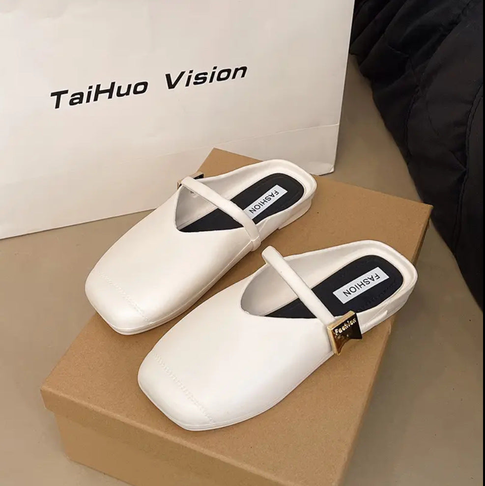 Half slippers summer women's shoes square toe metal buckle casual loafers toe half slippers casual style easiest for matchcasual