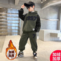 Boys' winter fleece-lined thickened set  casual mid-to-large children's outfit boy's hoodie and sweatpants sports two-piece set