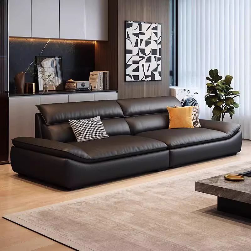 Italian normcore black sailboat genuine leather sofa modern casual living room lazy sofa accessible luxury house straight row sofa
