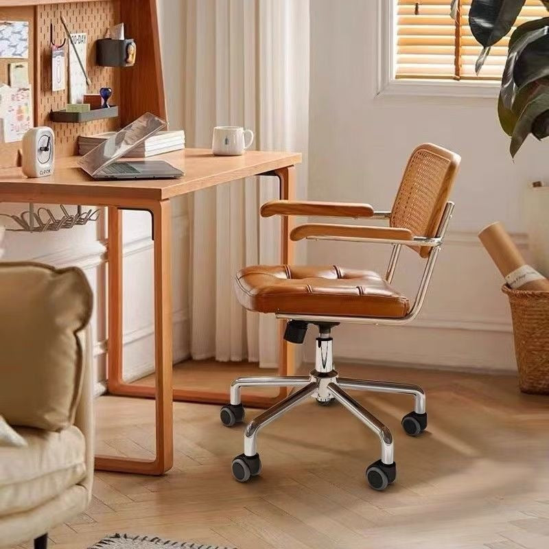 Vintage-style computer chair, home rattan woven retro swivel office chair, study bedroom learning backrest desk chair