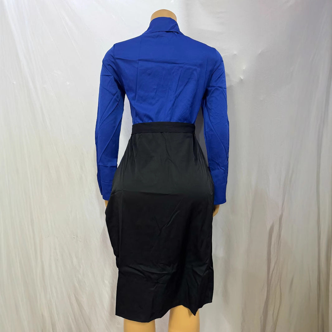 Cross-border European and American new models with belt lapel half cardigan waist hip wrap long sleeve color matching irregular dress women's clothing