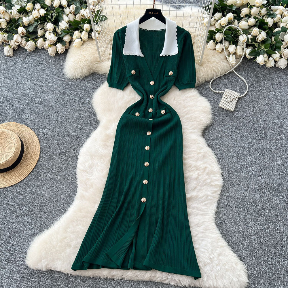 Frenchretrocontrast color lapel short sleeve metal button silmdress women's waist slimmingelegant slit knitting skirt