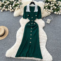 Frenchretrocontrast color lapel short sleeve metal button silmdress women's waist slimmingelegant slit knitting skirt