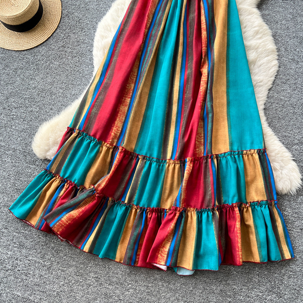 Dopamine dress rainbow stripes backless dress women's summer high waist k-style a-line long skirt vacation style beach skirt