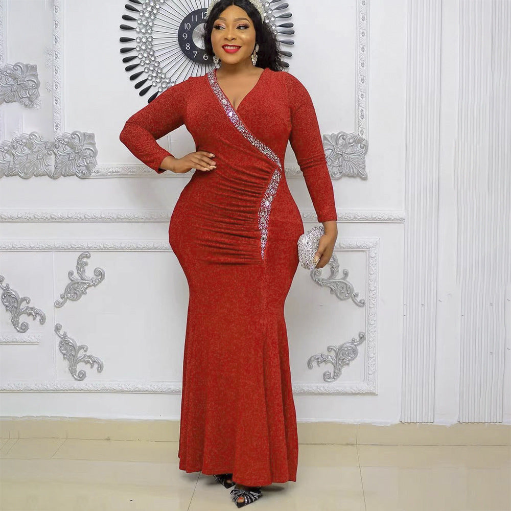 African plus size women's clothing new arrivalfashionexport socialite evening dress   hot diamond v neck long skirt