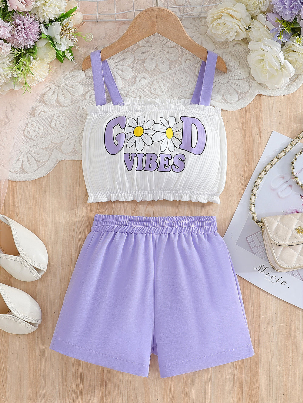 girls' summer cami set with lace and letter print, purple active shorts, kids' two-piece outfit for going out