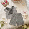 【in stock】girls' summer casual outfit  - kids' flutter sleeve cat print solid color shawl top & striped pants set