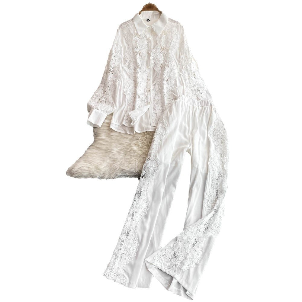 French chic heavy lace trim long sleeve shirt & elastic high waist wide leg pants two-piece set for women