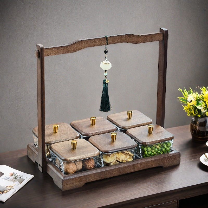 Luxury walnut wood-effect fruit & snack platter - home use, divided compartments, creative dried fruit dish, dessert glass bowl & fruit plate