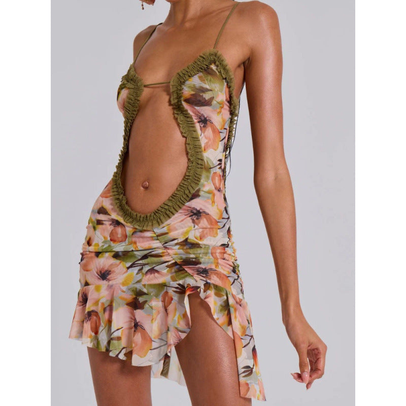 y2k cutout sexy print spaghetti strap mini dress backless sleeveless bodycon women's beach dress