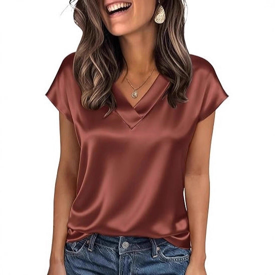 Women's satin t-shirt - spring/summer new arrivals -  us & european style - solid color business v-neck casual pullover top
