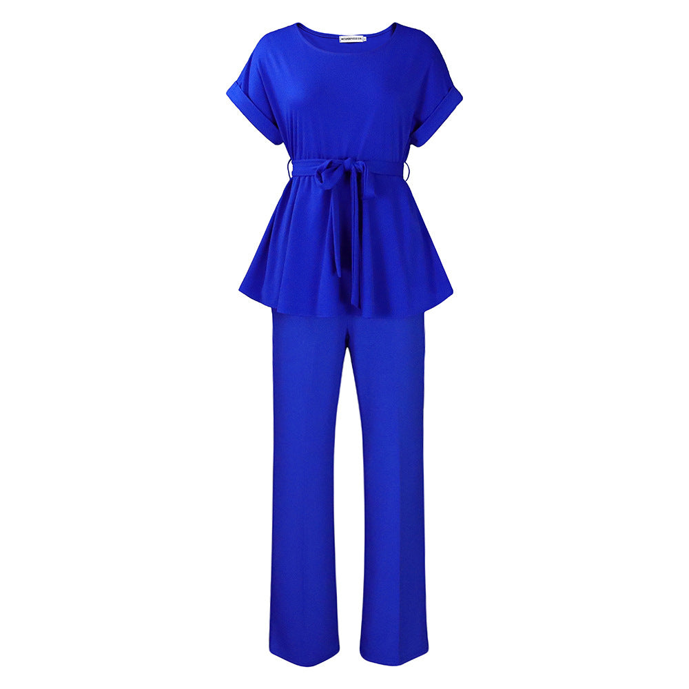 D3206 european and american style women's summer  solid color tie-up top and high-waisted wide-leg pants fashion casual export set