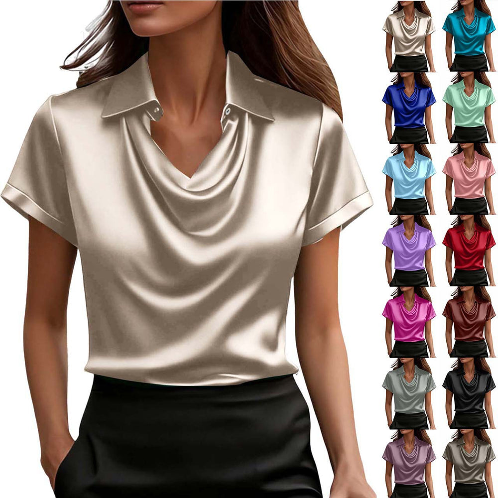 foreign trade summer fashion solid color casual turn-down collar button-down professional style short-sleeve top shirt