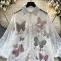 Luxury retro socialite style puff sleeve blouse - women's spring mesh embroidered loose fit chic & trendy top