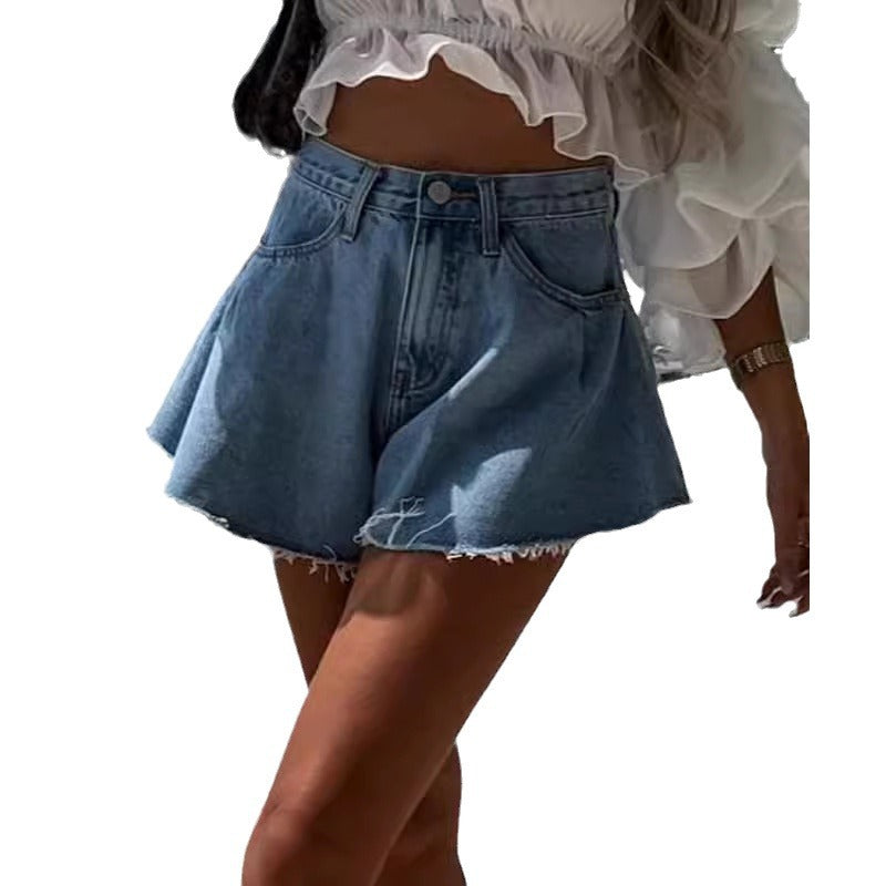 Export ripped denim shorts for women, hot-selling new arrival summer wide-leg fringed shorts, washed and worn jeans