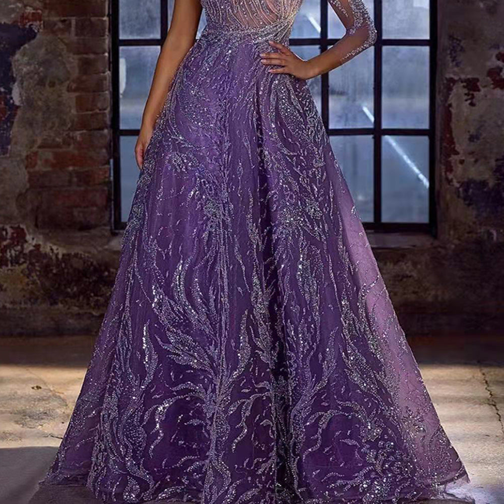new spring/summer cross-border fashion: european and american style evening gown - gold-embellished, open sleeves, slit dress, slim-fit long formal dress
