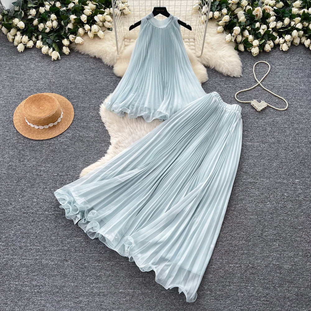 Vacation style halter pleated vest high waist skirt two-piece set women's summer playful sweetfashionelegantsuit