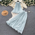 Vacation style halter pleated vest high waist skirt two-piece set women's summer playful sweetfashionelegantsuit