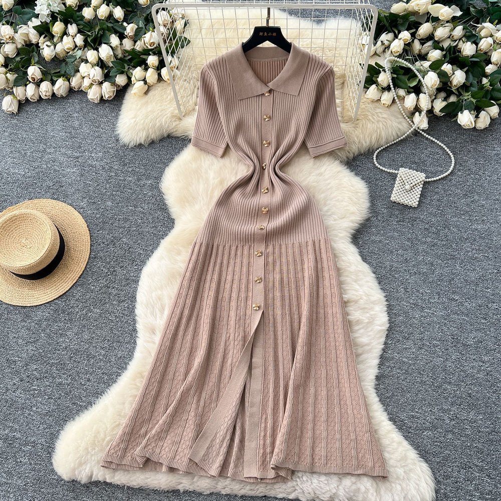 Frenchretropolo collar short-sleeved metal button silmslimming lookdress women's classy sense waist knitting long skirt