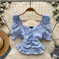 Frenchsweet style square collar puff sleeve shirt women's summerk-style pleated fungus edge waist shorteleganttops
