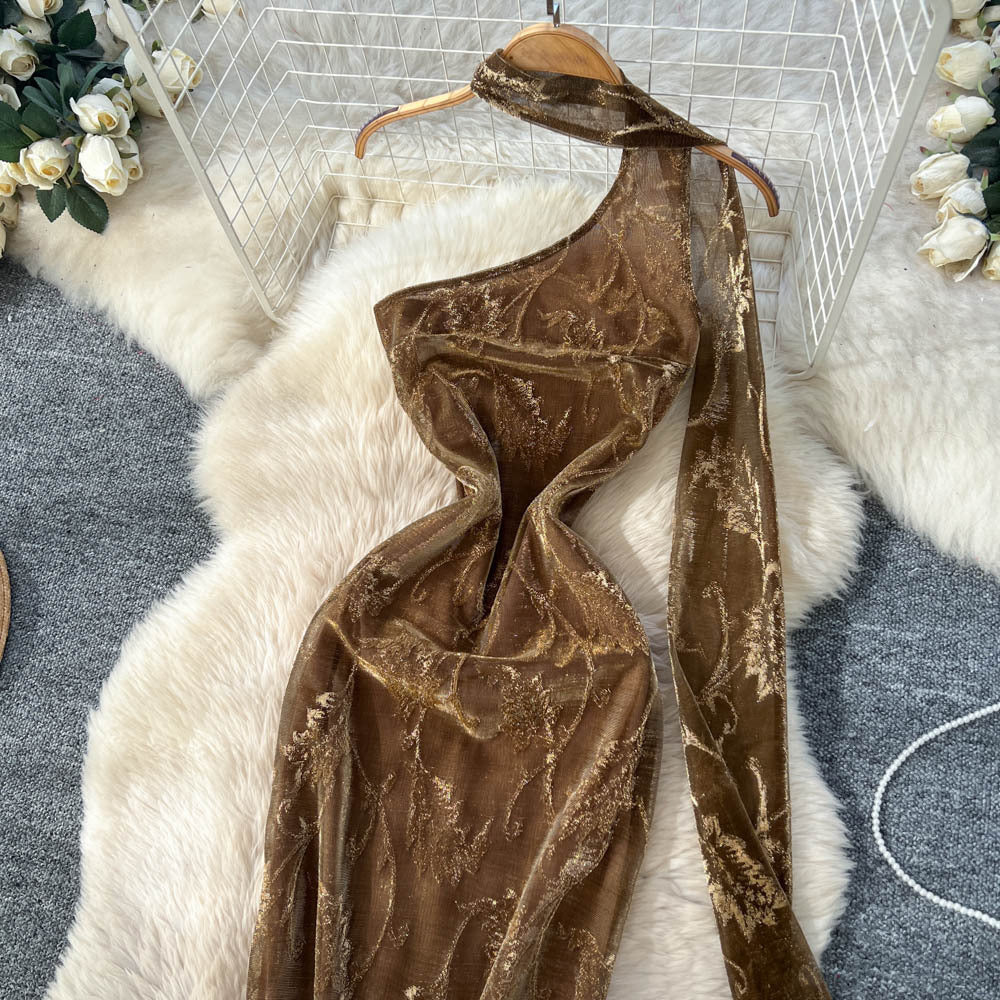 Accessible luxury celebrity classy sense of slope shoulder halter ribbon sleeveless bronzing printing mesh dress waist silm long skirt
