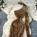 Accessible luxury celebrity classy sense of slope shoulder halter ribbon sleeveless bronzing printing mesh dress waist silm long skirt