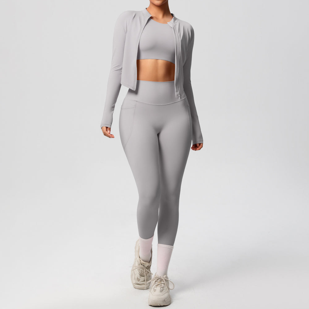new cloud-soft brushed slim-fit long sleeve activewear set: includes a sporty jacket, casual peach lift leggings, and a yoga top – a three-piece workout outfit
