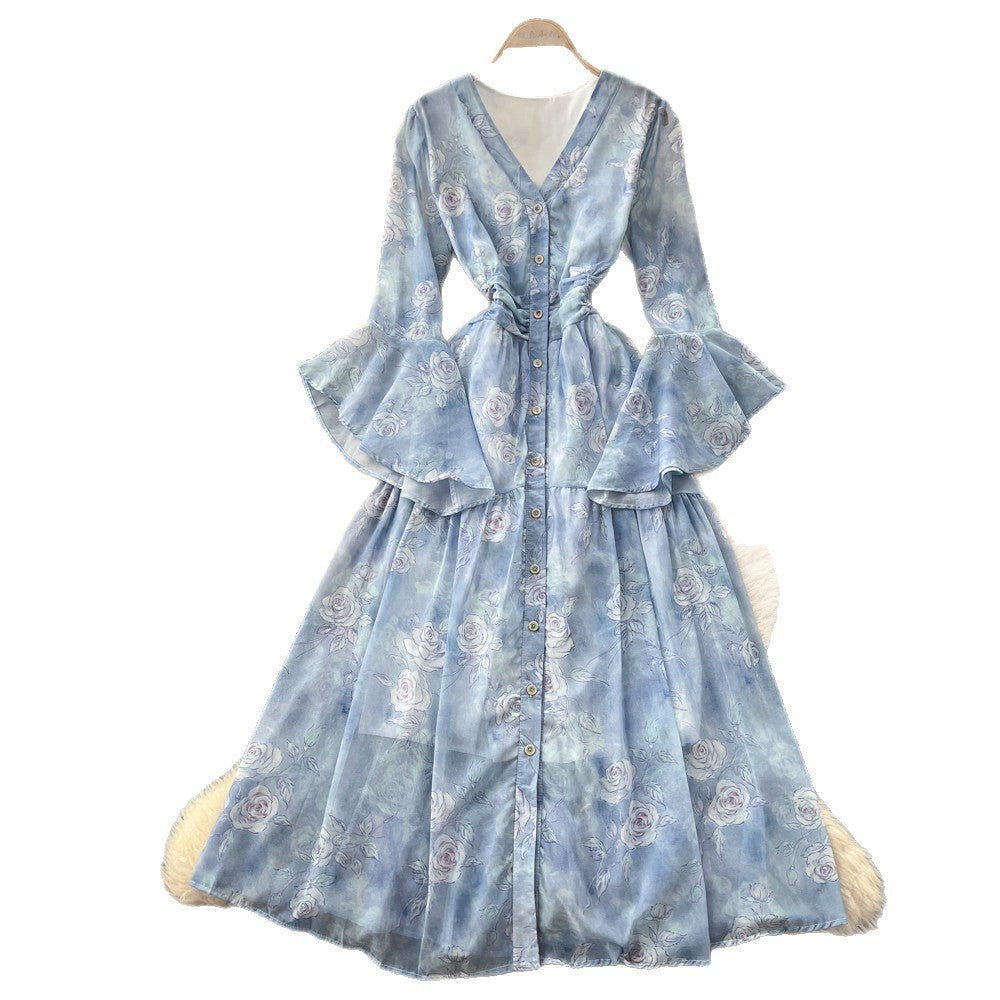 French riviera style rose print v-neck dress - women's spring korean style long sleeve tie-waist slimming maxi dress