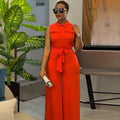 Ready-to-ship european and american women's clothing:  summer new arrival - turn-down collar, pocketed, cinched waist, loose wide-leg sleeveless jumpsuit