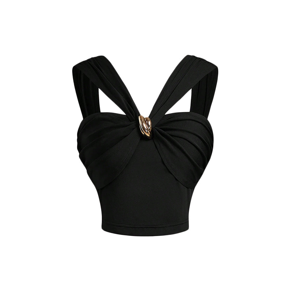 European and american cross-border niche design women's black criss-cross strap metal buckle slim-fit cropped tank top - fashionable and versatile