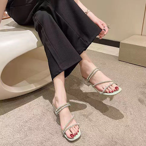 French chunky heel rhinestone sandals women's outdoor shoes 2024 new summer fairy style elegant sandals