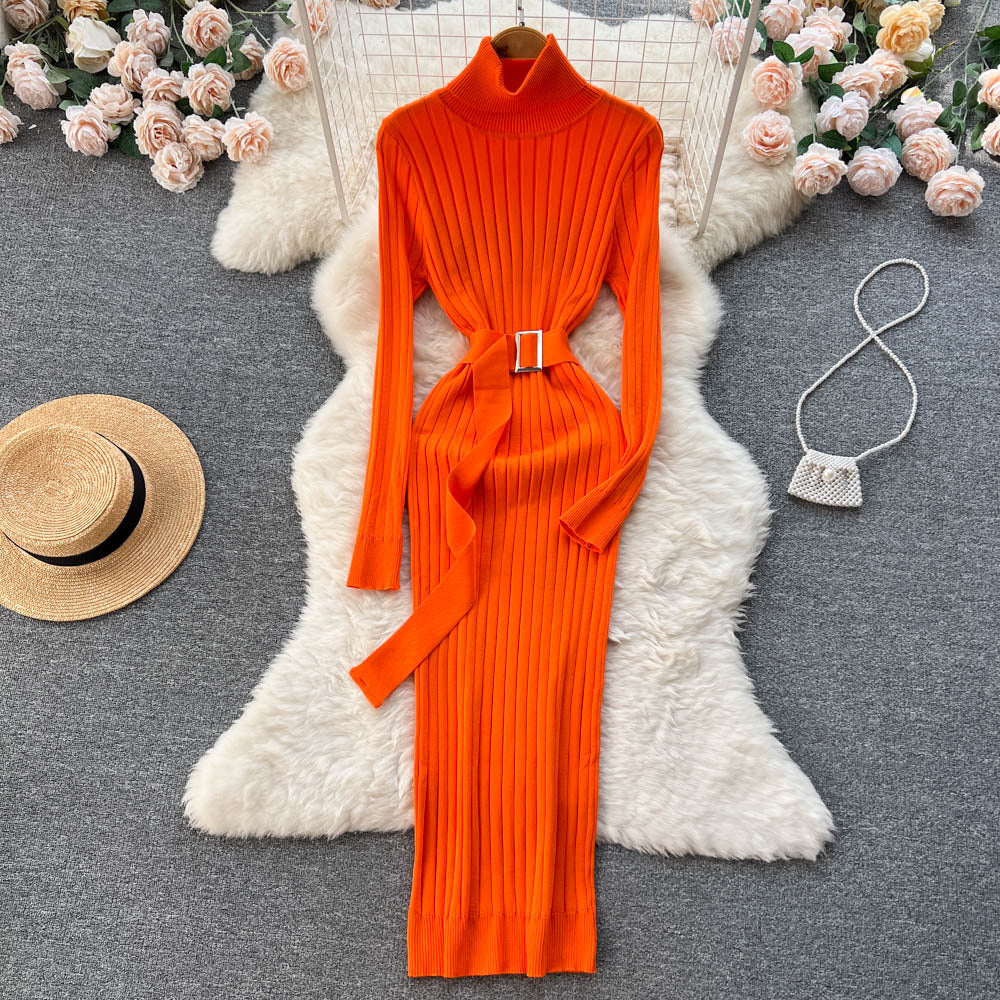 European and american style mock neck knit dress - autumn women's french retro slim fit bodycon maxi dress