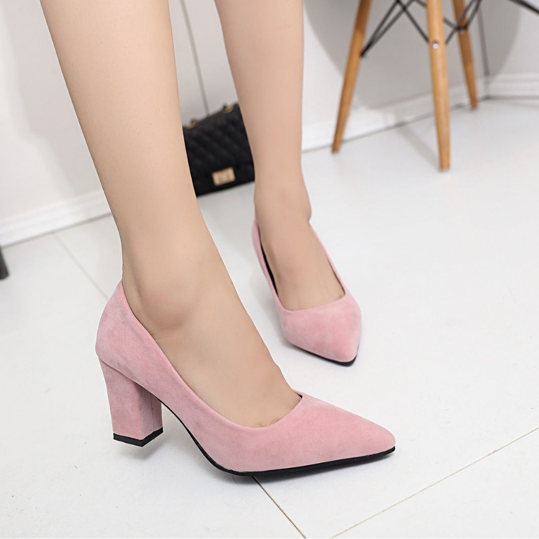 Large size new low-top work women's shoes autumn trimming leather thick heel solid color light mouth PU cover foot pointed high heel women's shoes