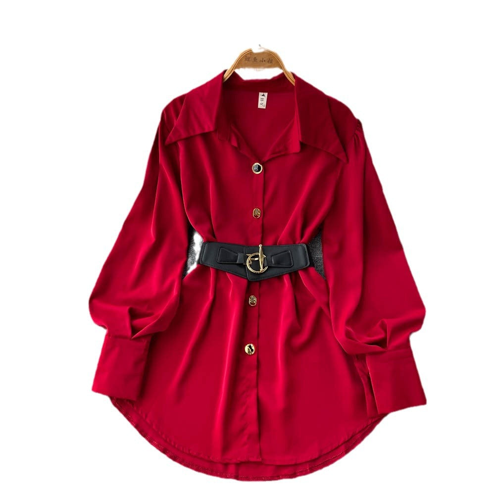 Unique petite tie-waist dress - autumn women's high-end, stunning, elegant long-sleeve white shirt dress