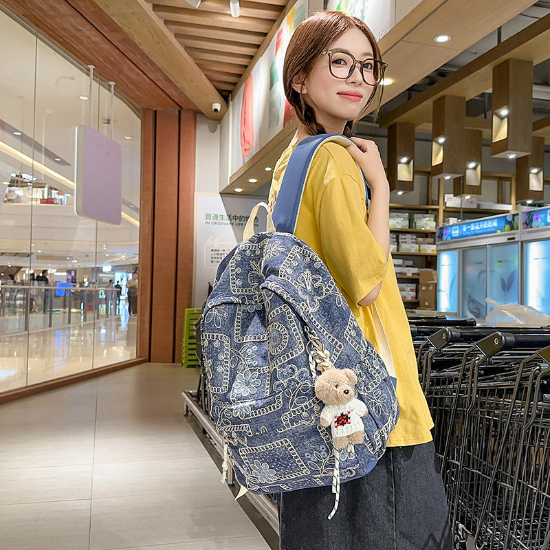 New large-capacity leisure student schoolbag, junior high school student versatile fashion travel denim backpack