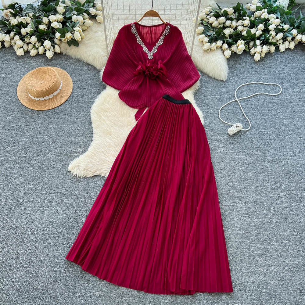 Noble socialite work clothing style red two-piece set female autum silmpleated skirt cloak waist suitelegance
