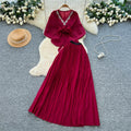 Noble socialite work clothing style red two-piece set female autum silmpleated skirt cloak waist suitelegance