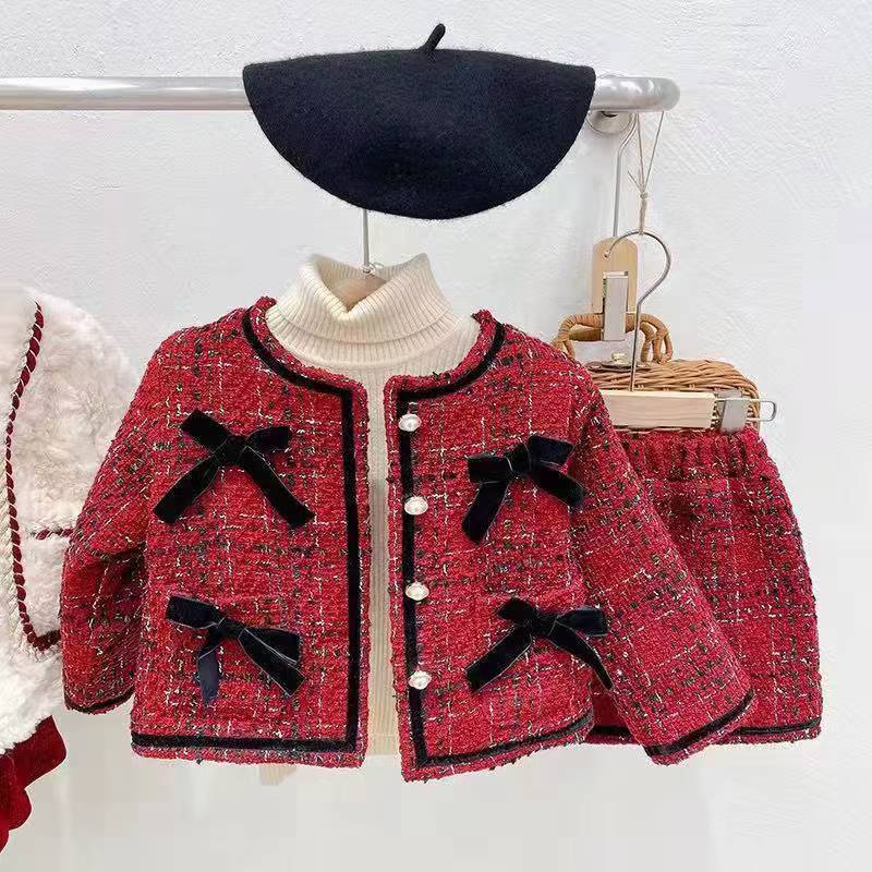 Girl red tweed style skirt suit skirt style woolenoutwearfall and winterfashionable quilted two-piece set baby