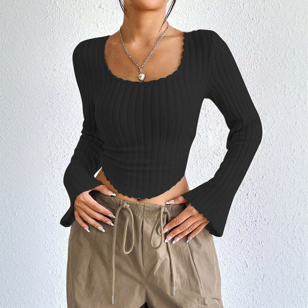 European and american cross-border  spring/summer new arrivals:  women's fashionable and elegant square neck flared long sleeve t-shirt top