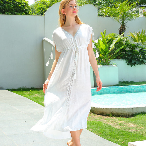 2024   fashion women's clothing splicing lace sexy deep V-neck vacation sunscreen long dress blouse dress