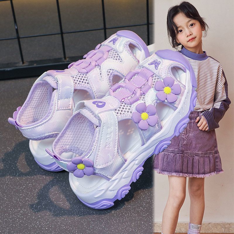 Girls' sandals: new spring/summer  collection - breathable mesh, closed-toe casual sandals for girls, trendy floral design for toddlers and big kids