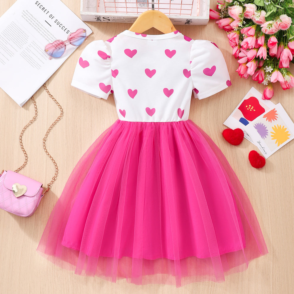 Kids' heart print short-sleeve mesh dress