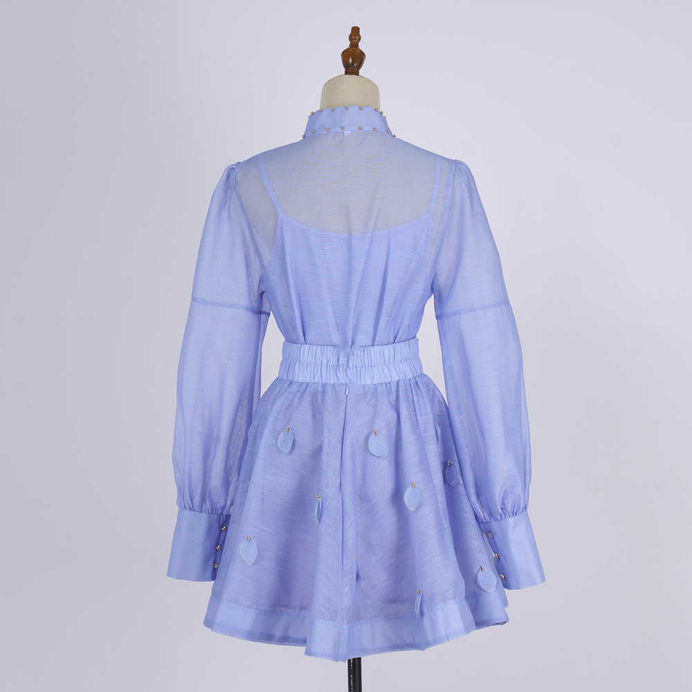 Export spring and summer stand-up collar lantern long sleeves waist single-breasted beaded shirt tops+a-line skirt skirt suit