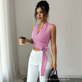fashionsummernew arrival rose red stripes wrap-around haltertops side straps waist exposed navel