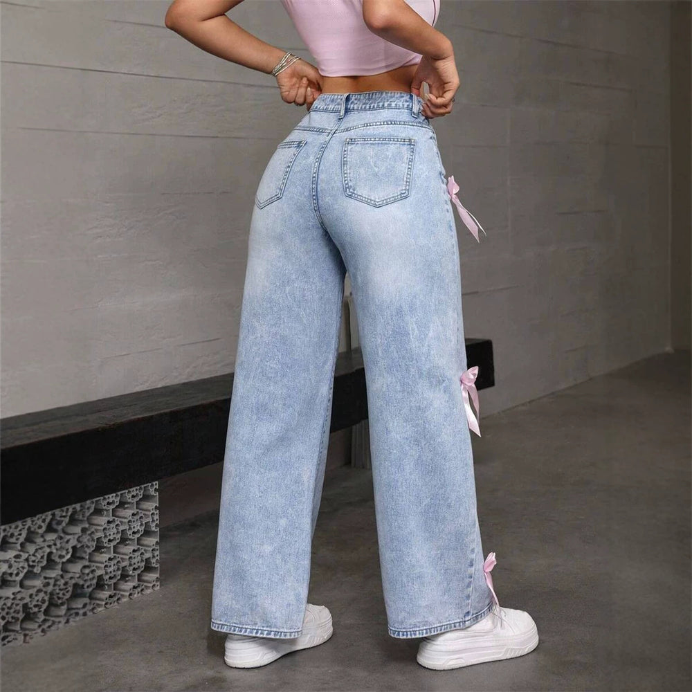 hot selling jeans women's straight-legbowspants street hot girl loose washed jeans