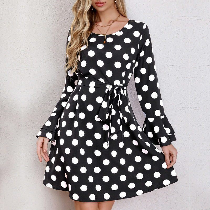 cross-border code new arrival  women's original elegant round neck color block polka dot long sleeve dress