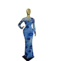 European and american cross-border women's fashion  spring new arrival: long sleeve crew neck bandeau waist-cinching bodycon sexy maxi dress