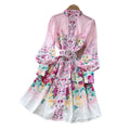 Elegant stand collar lantern sleeve printed dress - women's autumn youthful slimming a-line dress with belt