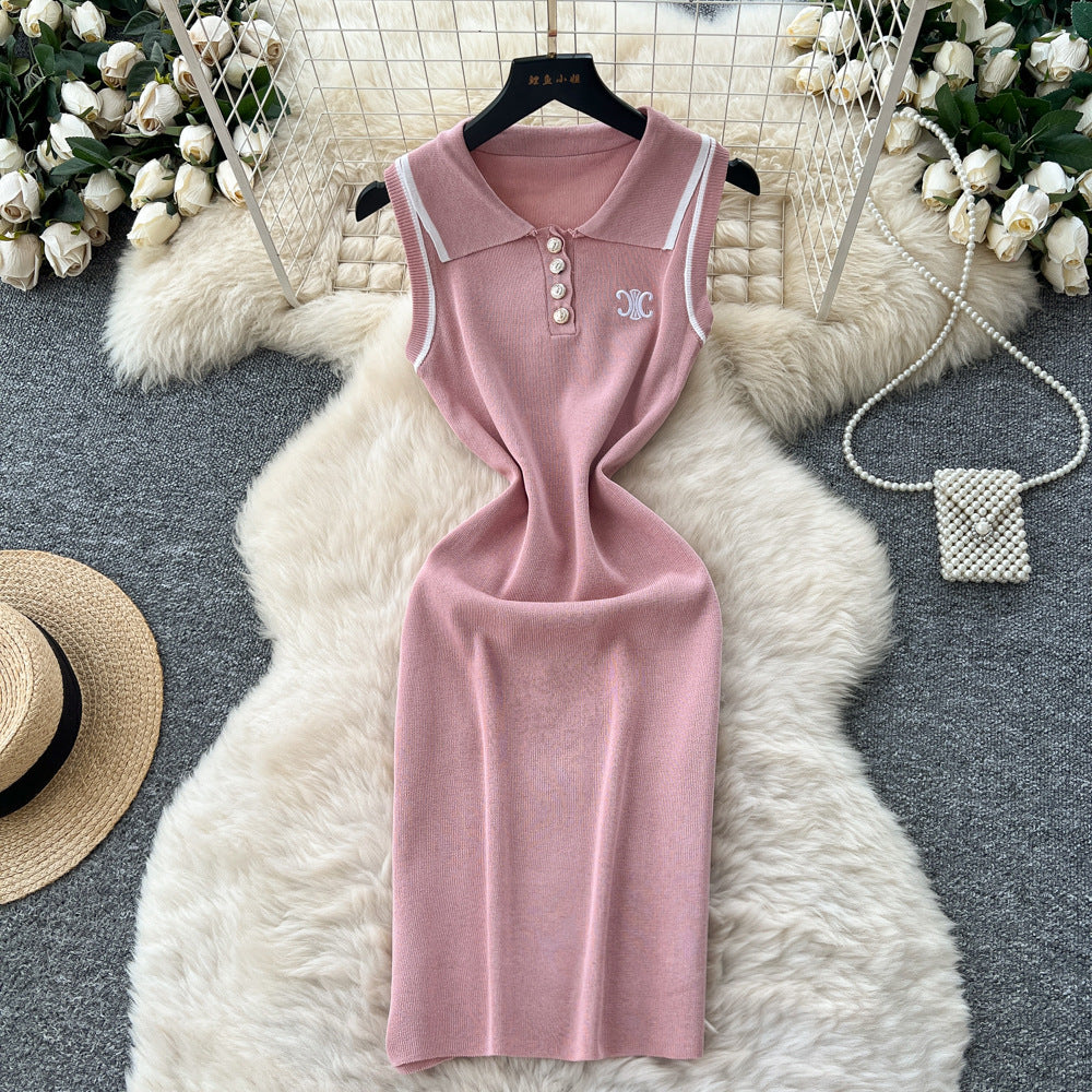Frenchretro socialite tweed stylefashioncontrast colorembroiderpolo collar sleeveless waist slimming lookknittingdress women
