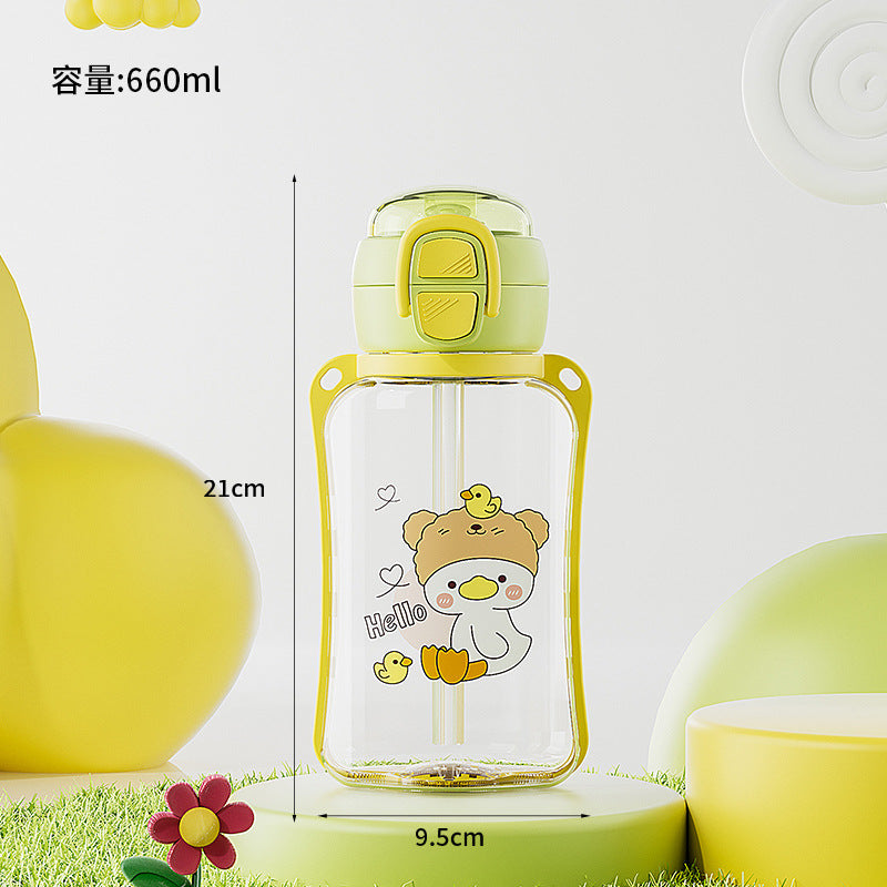 Fresh cartoon pop-top straw cup for home student kids convenient leak-proof strap carrying rope resistant to falling cute water cup